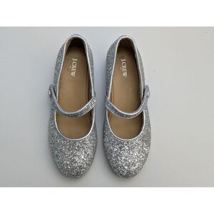 J. Crew Factory Girls Glitter Low Heel Mary Janes‎ Size K3 Silver CB054
